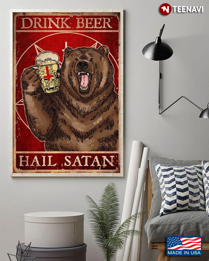 Vintage Brown Bear With Beer Glass Drink Beer Hail Satan