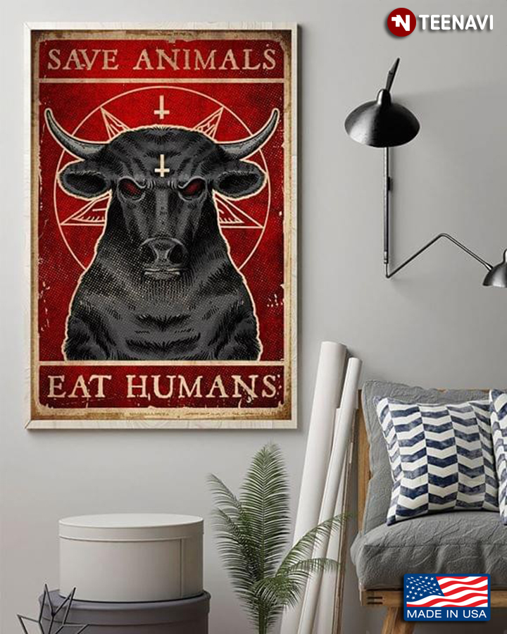 Vintage Black Satan Cow Save Animals Eat Humans