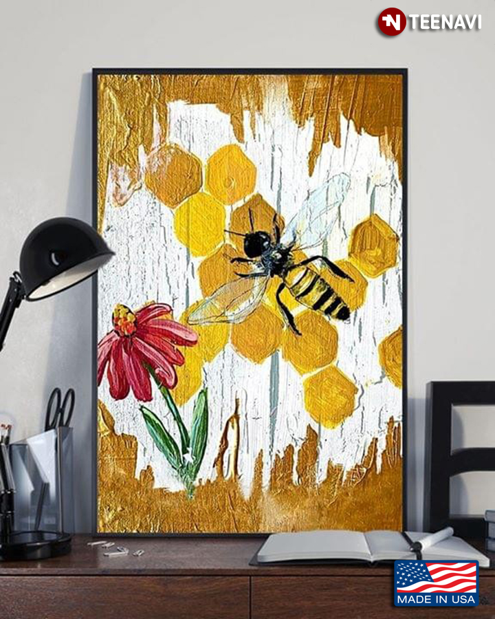 Vintage Bee With Flower And Beehive