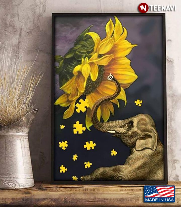 Vintage Autism Awareness Elephant With Sunflower & Yellow Puzzle Pieces