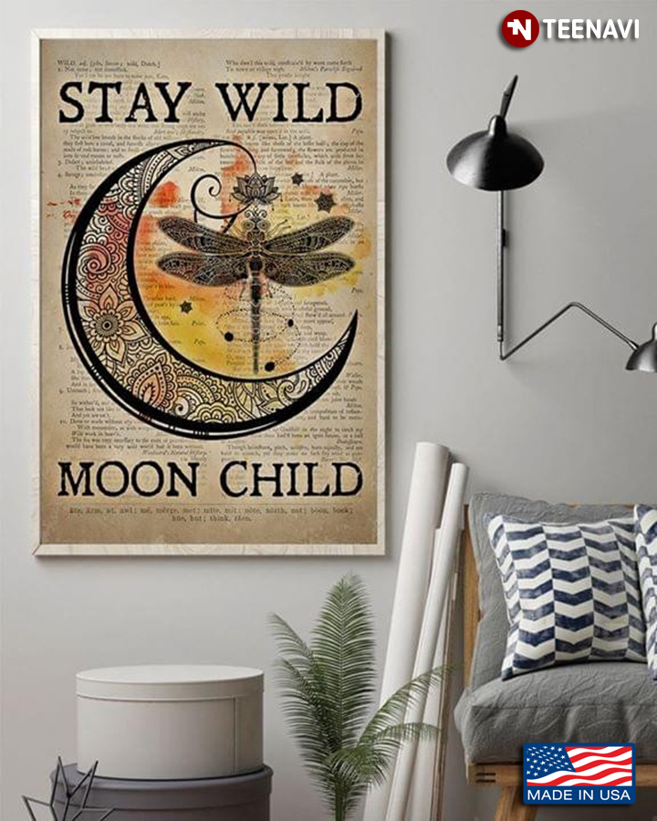 Vintage Dictionary Theme Dragonfly & Crescent Moon Stay Wild Moon Child