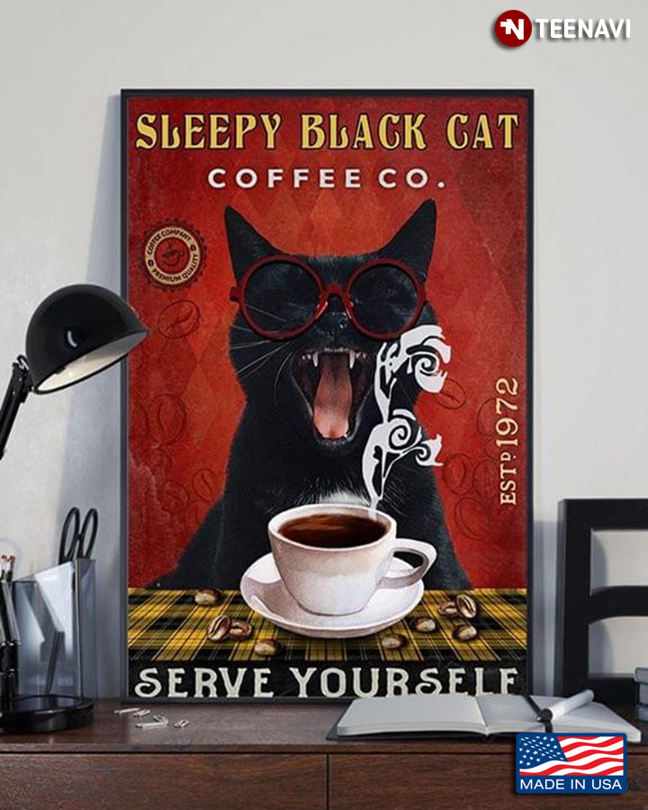 Sleepy Black Cat Coffee Co. Est.1972 Serve Yourself for Cat Lovers