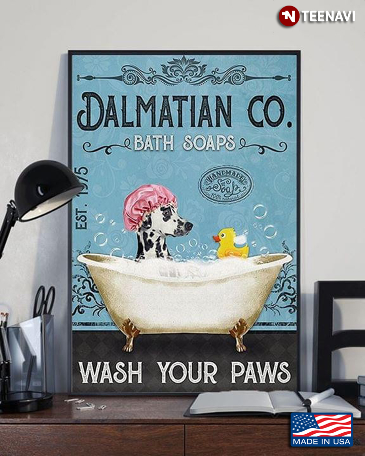 Dog With Shower Cap & Duck Dalmatian Co. Bath Soaps Wash Your Paws
