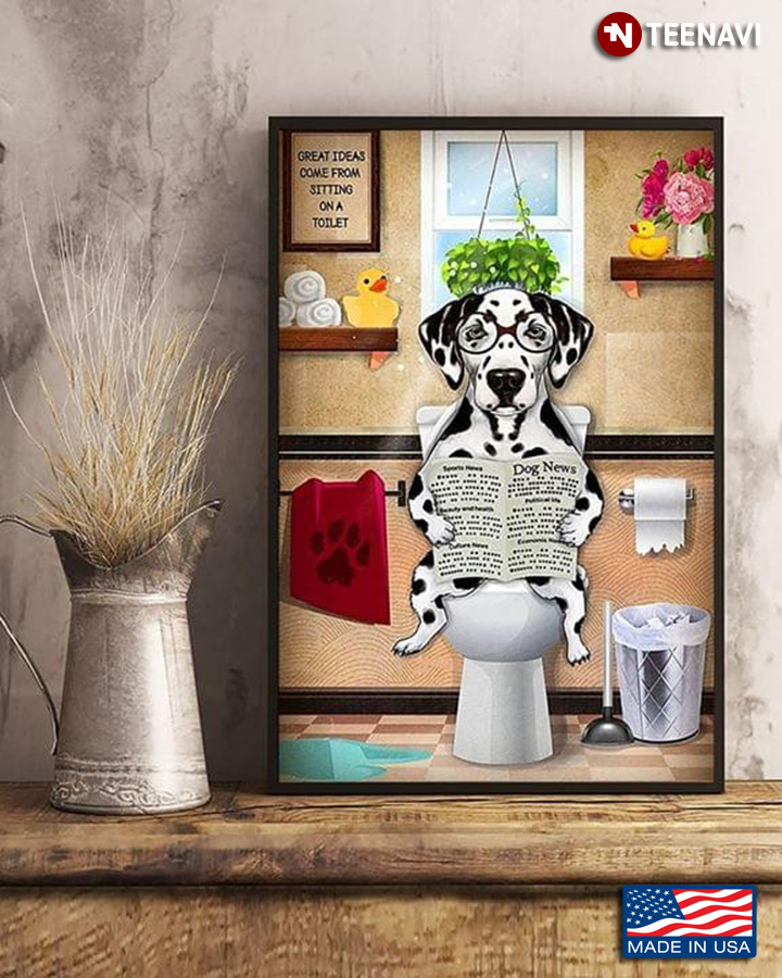 Dalmatian Wearing Glasses On Toilet Seat Reading Newspaper Dog News