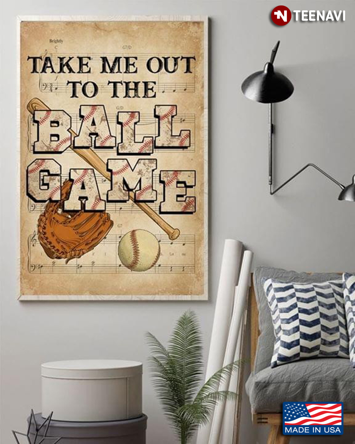 Sheet Music Theme Baseball Bat, Glove & Ball Take Me Out To The Ball Game