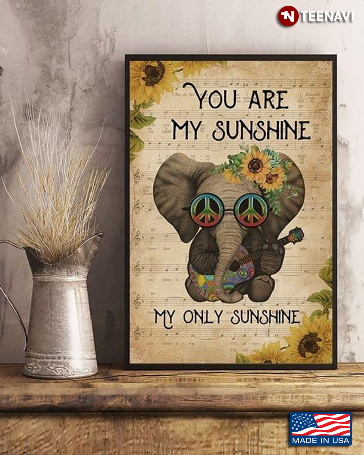 Sunflower Theme Elephant With Hippie Glasses & Guitar You Are My Sunshine