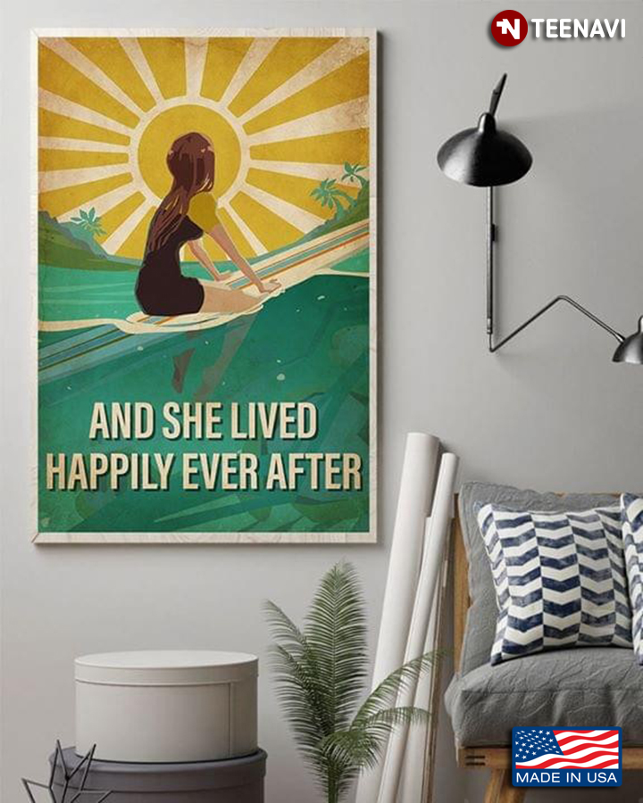 Girl Sitting On Surfboard And She Lived Happily Ever After