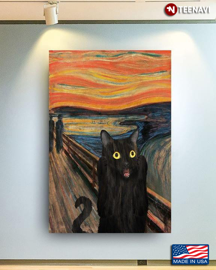 The Scream By Edvard Munch Parody With Screaming Black Cat With Wide Open Eyes