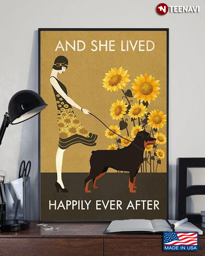 Girl Walking With Rottweiler & Sunflowers Around And She Lived Happily Ever After