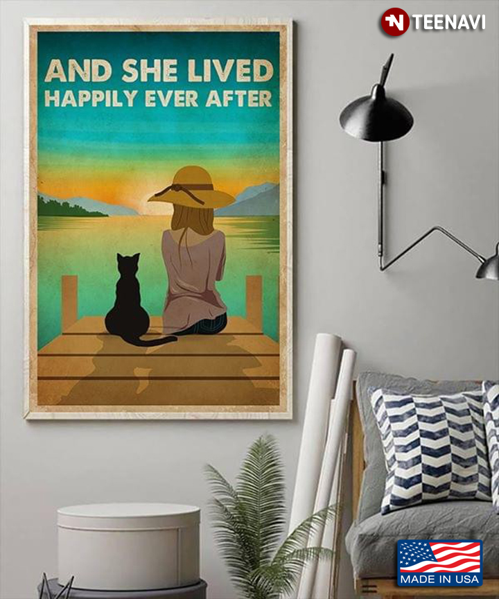 Girl & Black Cat Sitting By The Lake And She Lived Happily Ever After