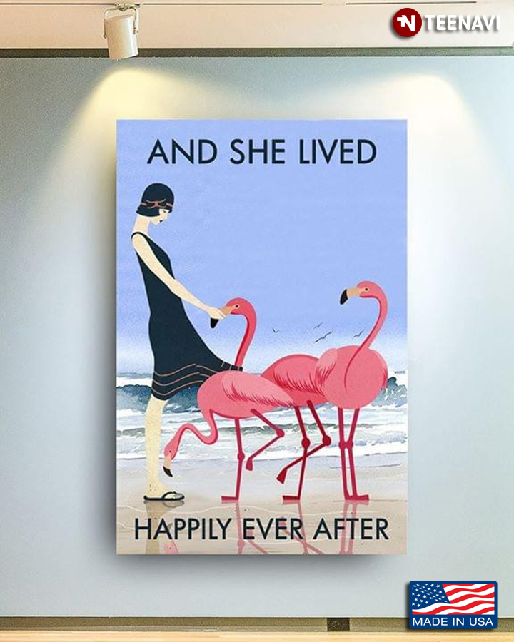 Girl With Flamingos On Sandy Beach And She Lived Happily Ever After