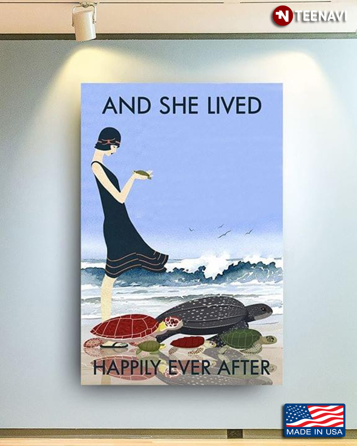 Girl With Sea Turtles On Sandy Beach And She Lived Happily Ever After