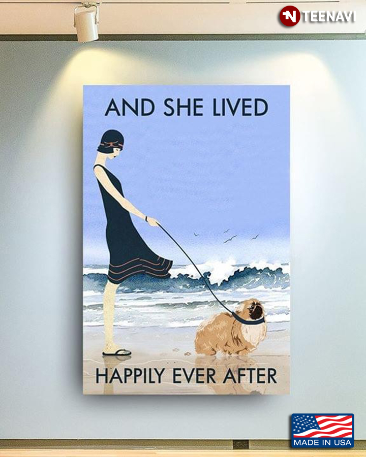 Girl & Pekingese Walking On Sandy Beach And She Lived Happily Ever After