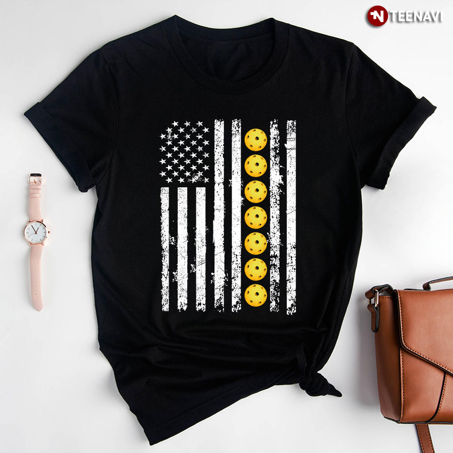 Pickleball Ball And American Flag for Sports Lover T-Shirt
