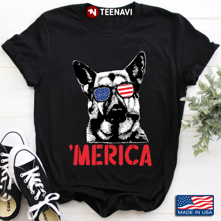 'Merica German Shepherd With American Flag Glasses for 4th of July