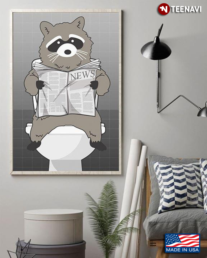 Grey Theme Raccoon On Toilet Seat Reading Newspaper Painting