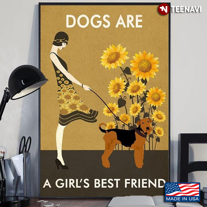 Girl With Airedale Terrier & Sunflowers Dogs Are A Girl’s Best Friend