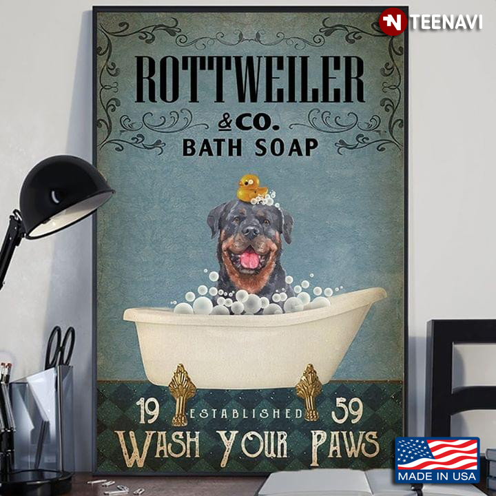 Dog With Rubber Duck Rottweiler & Co. Bath Soap Est. 1959 Wash Your Paws