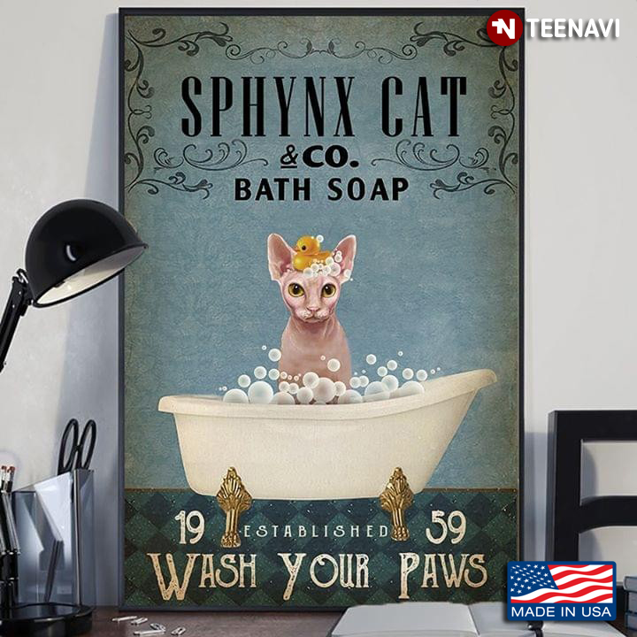 Cat With Rubber Duck Sphynx Cat & Co. Bath Soap Est. 1959 Wash Your Paws