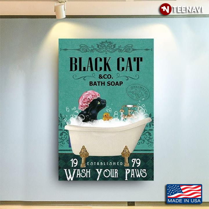 Cat With Shower Cap & Rubber Duck Black Cat & Co. Bath Soap Est. 1979 Wash Your Paws
