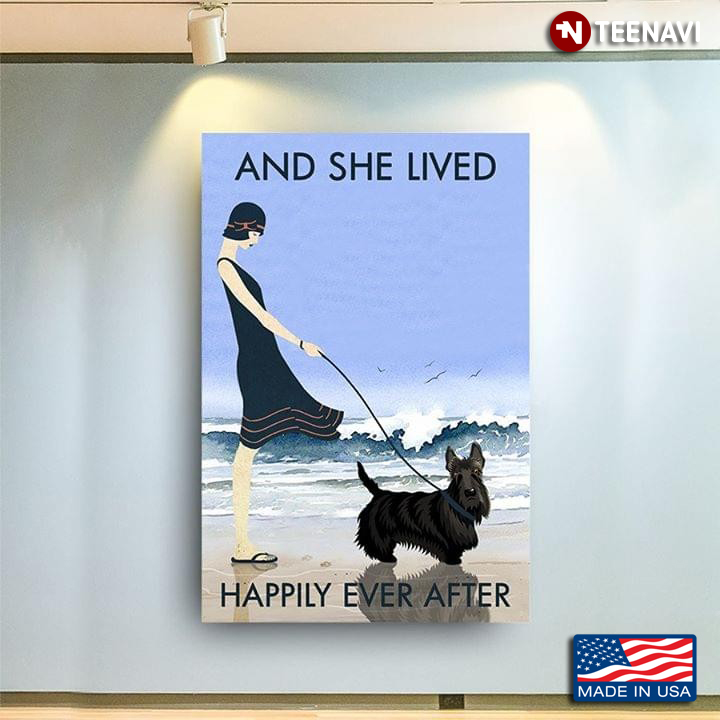 Girl Walking With Scottish Terrier On Sandy Beach And She Lived Happily Ever After