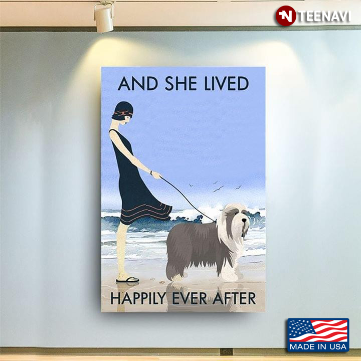 Girl Walking With Old English Sheepdog On Sandy Beach And She Lived Happily Ever After