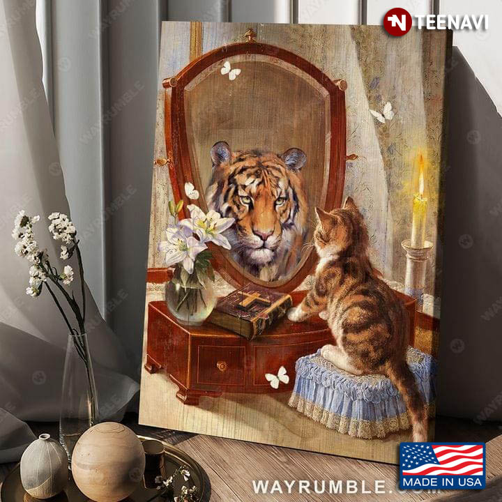 Little Kitten And Giant Tiger Mirror Reflection With White Butterflies Flying Around