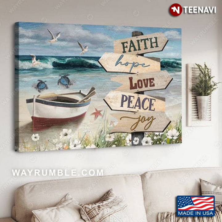 Boat And Sea Turtles On Sandy Beach Faith Hope Love Peace Joy