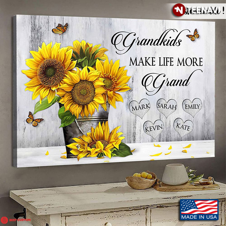 Personalized Monarch Butterflies & Sunflowers In Bucket Grandkids Make Life More Grand