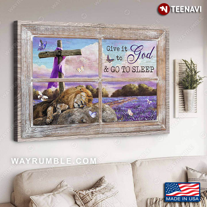 Purple Theme Window Frame With Sleeping Lion Give It To God And Go To Sleep