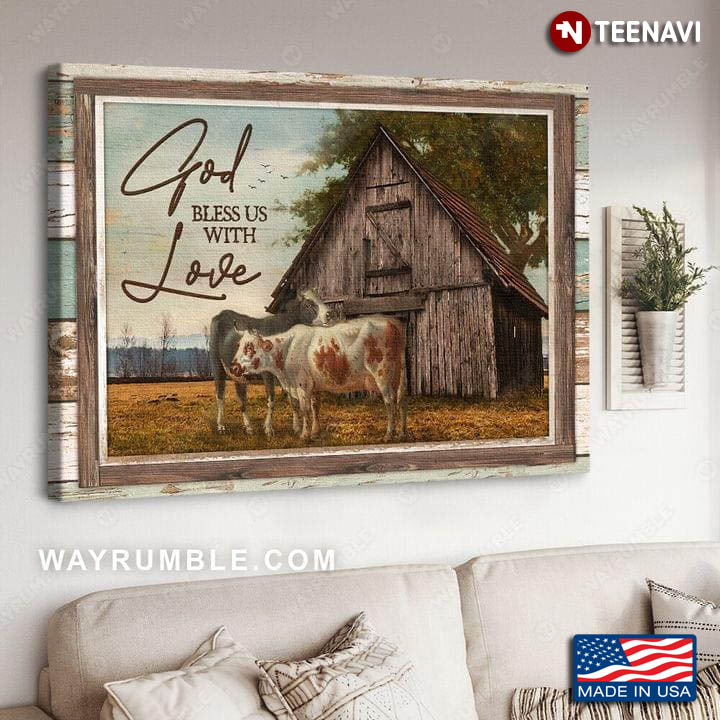 Picture Frame With Couple Of Cows On Farm God Bless Us With Love