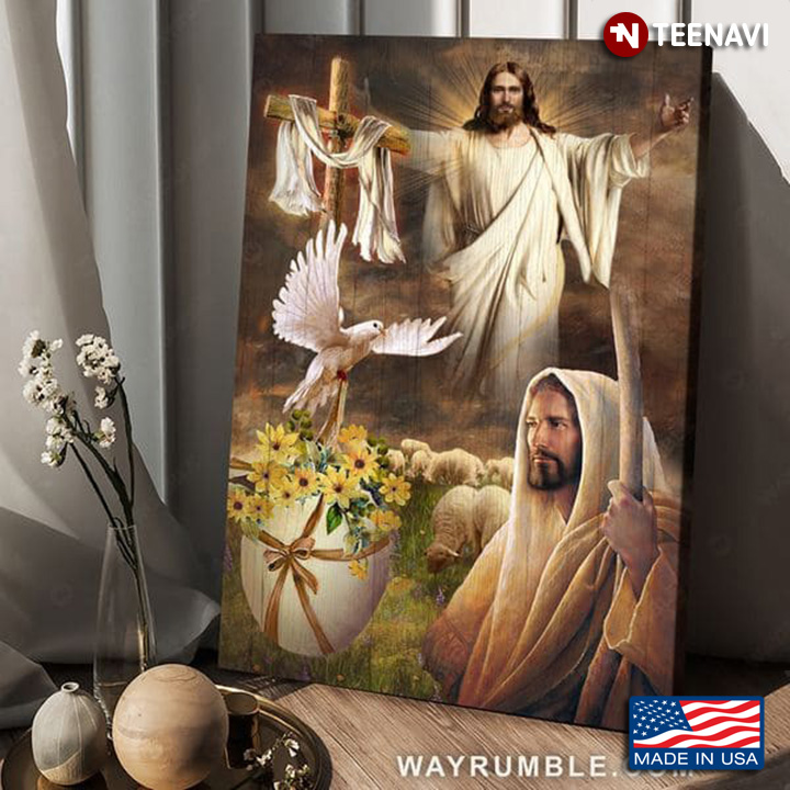 Jesus With Dove, Sheep, Yellow Flowers & Jesus Cross Draped With White Cloth