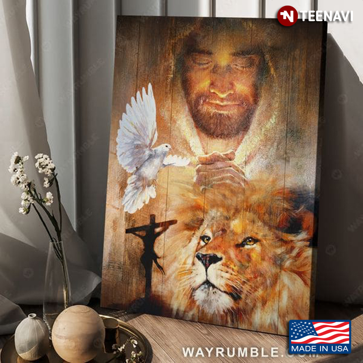 Wooden Theme Praying Jesus Christ With Lion And Dove