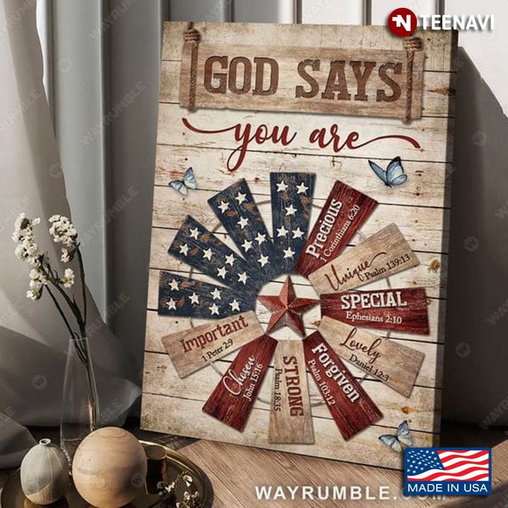 Blue Butterflies Flying Around American Flag Windmill Fan God Says You Are