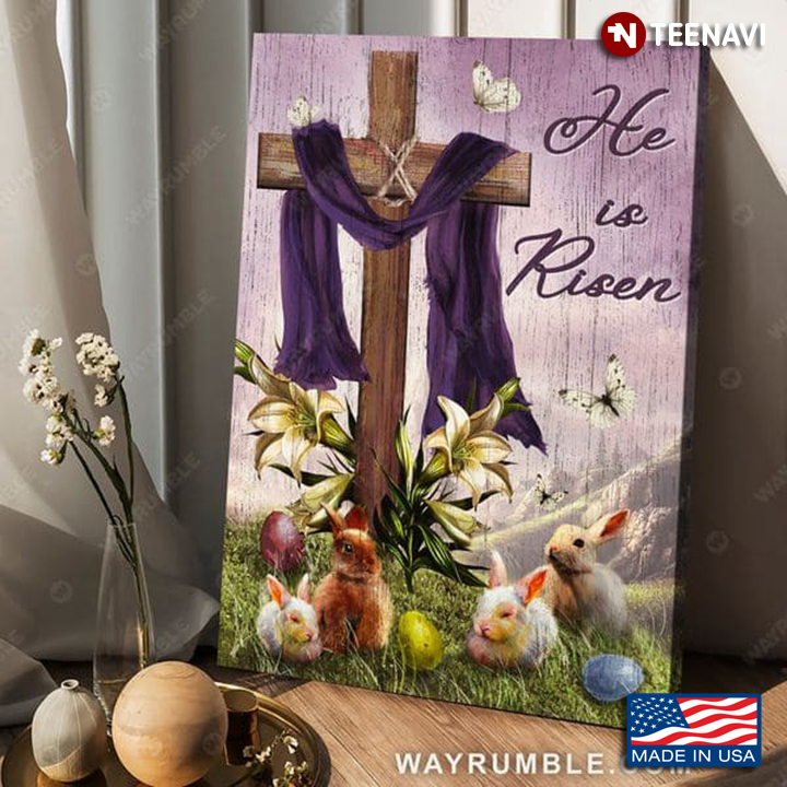 Butterflies Flying Around Rabbits, Eggs, Lily Flowers & Jesus Cross He Is Risen