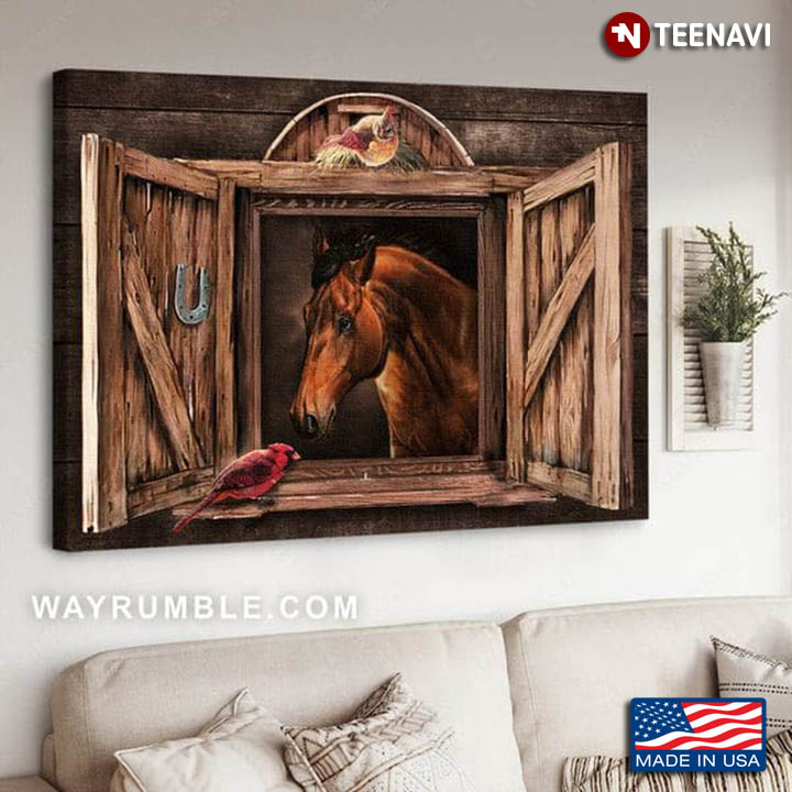 Barn Window Frame With Brown Horse, Horsehoe, Cardinal And Chicken