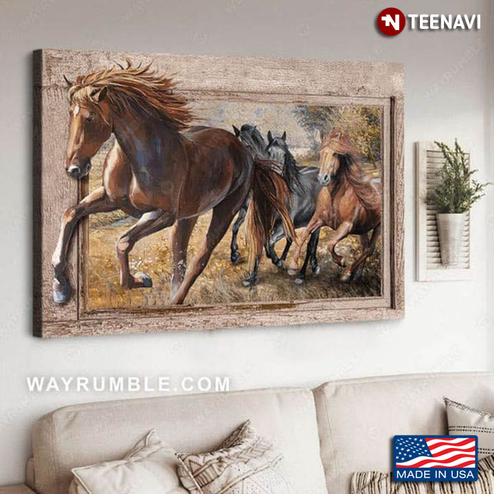 Wooden Picture Frame With Four Horses Running On Field