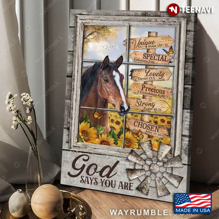 Window Frame With Butterflies Flying Around Horse & Sunflowers God Says You Are