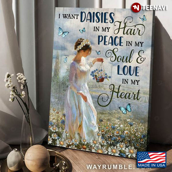 Girl In White Dress With Daisy Flowers & Butterflies Around I Want Daisies In My Hair