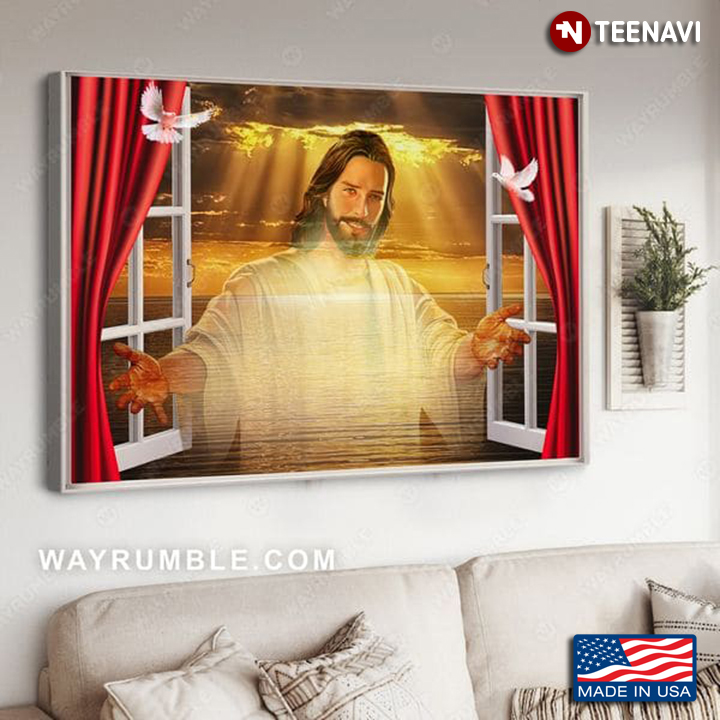 White Window Frame With Doves Flying Around Smiling Jesus Christ