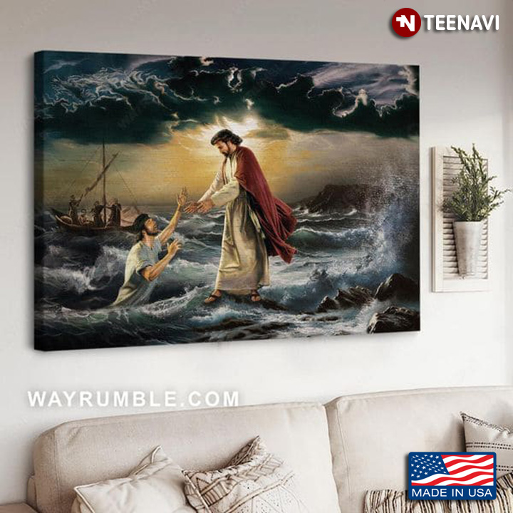 Jesus Christ Giving His Helping Hands To A Man In The Storm