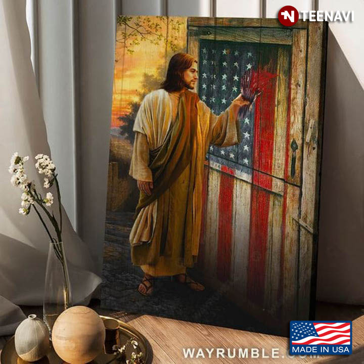 Jesus Christ Painting American Flag On Door