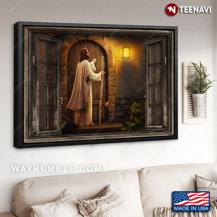 Window Frame With Jesus Christ Holding A Stick Knocking On The Door