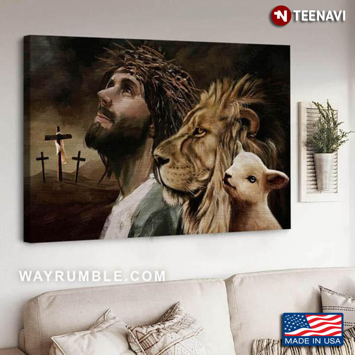Jesus Christ With Lion And Lamb Looking Up To The Sky