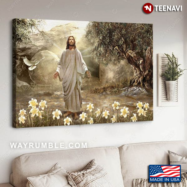 Dove Flying Around Jesus Christ And White Lily Flowers In Forest