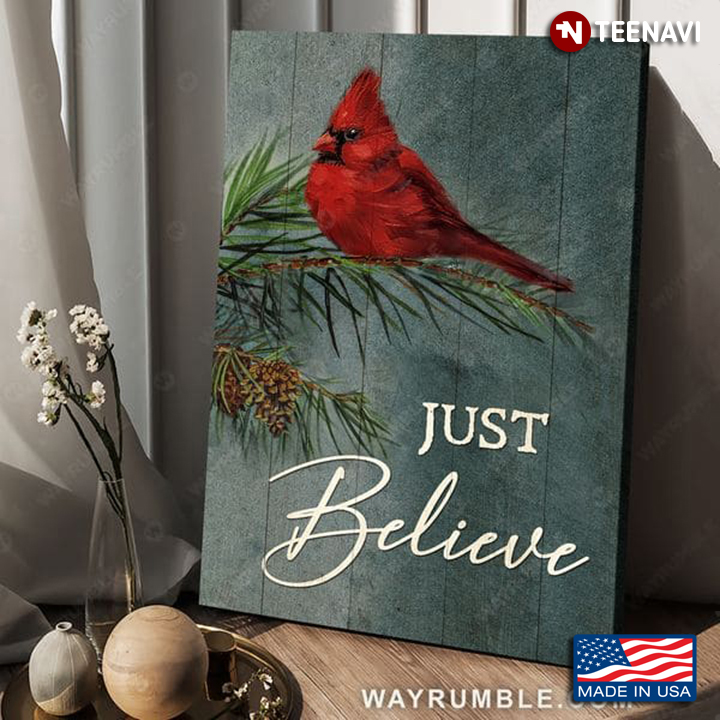 A Red Cardinal Sitting On A Pine Tree Branch Just Believe