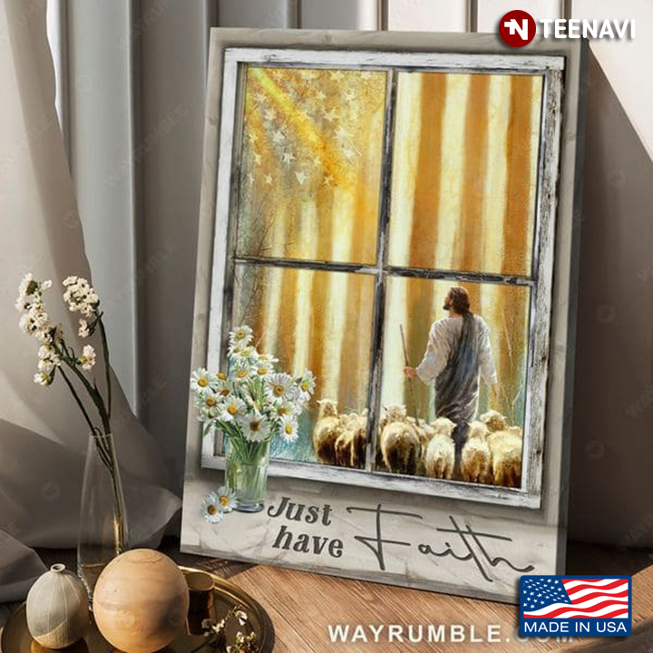 Window Frame With Jesus Christ And Sheep Under The Light Of American Flag