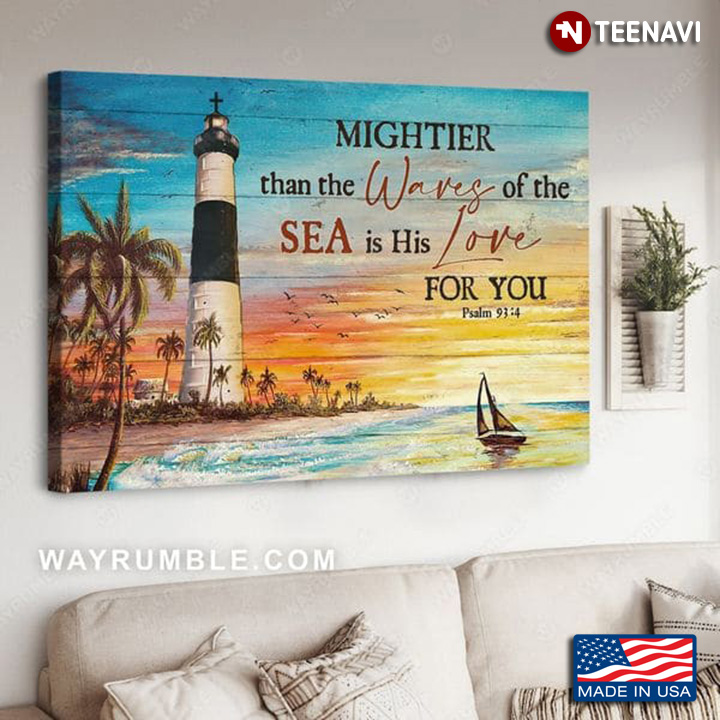 Lighthouse With Jesus Cross On Top Mightier Than The Waves Of The Sea Is His Love For You