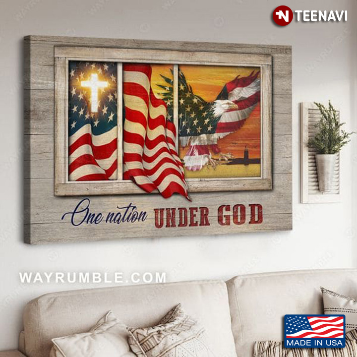 White Window Frame With American Flag, Eagle & Jesus Cross One Nation Under God
