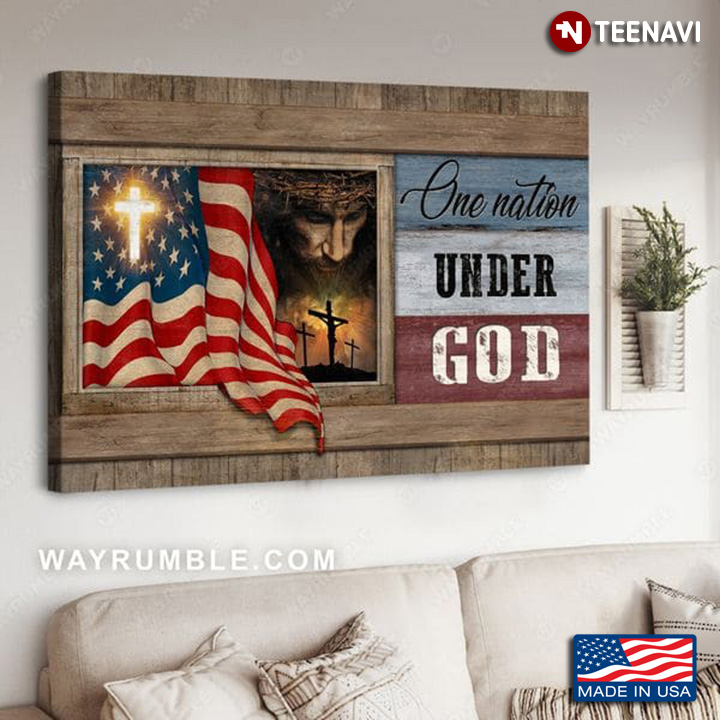 Barn Window Frame With American Flag, Jesus Christ & Jesus Crosses One Nation Under God